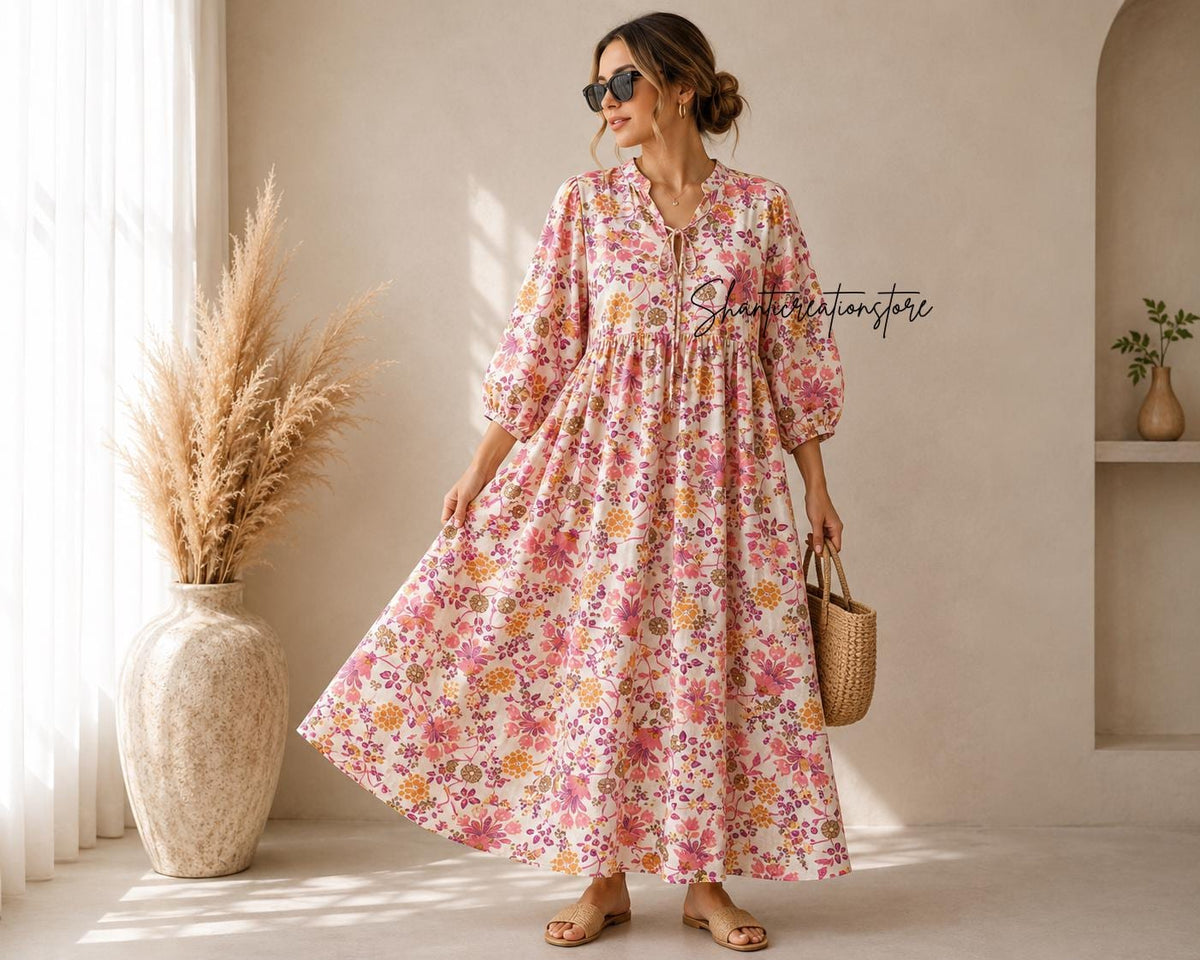 Pink Floral Cotton Midi Dress, Puff Sleeve Boho Summer Dress, Handmade Indian Print