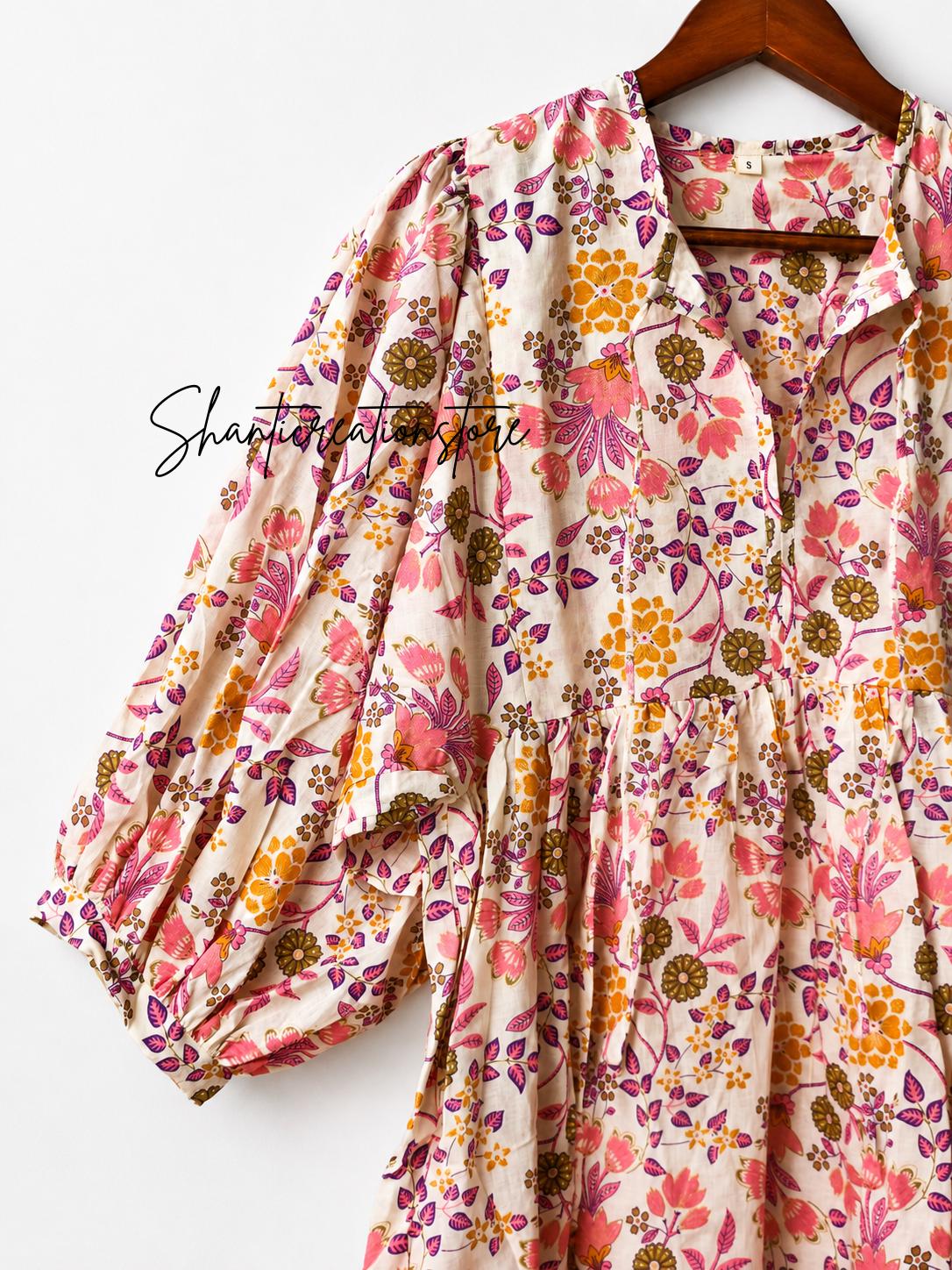 Pink Floral Cotton Midi Dress, Puff Sleeve Boho Summer Dress, Handmade Indian Print