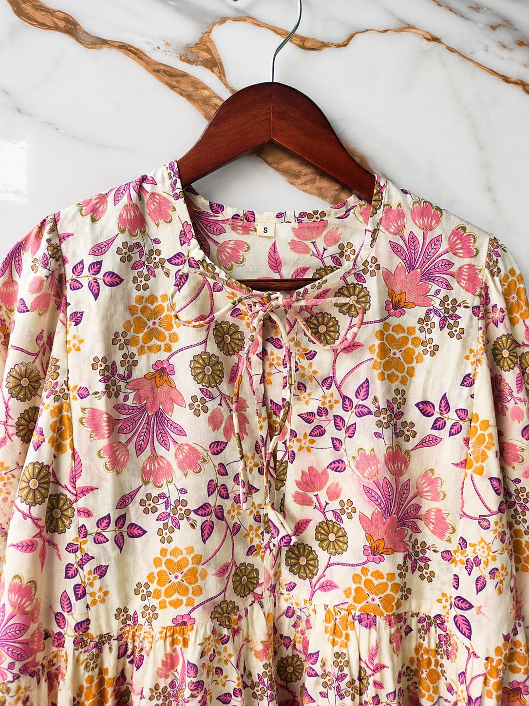 Pink Floral Cotton Midi Dress, Puff Sleeve Boho Summer Dress, Handmade Indian Print