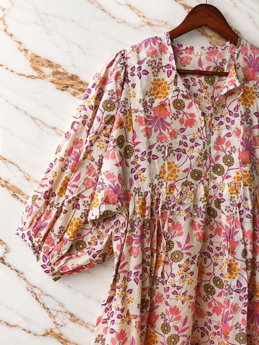 Pink Floral Cotton Midi Dress, Puff Sleeve Boho Summer Dress, Handmade Indian Print
