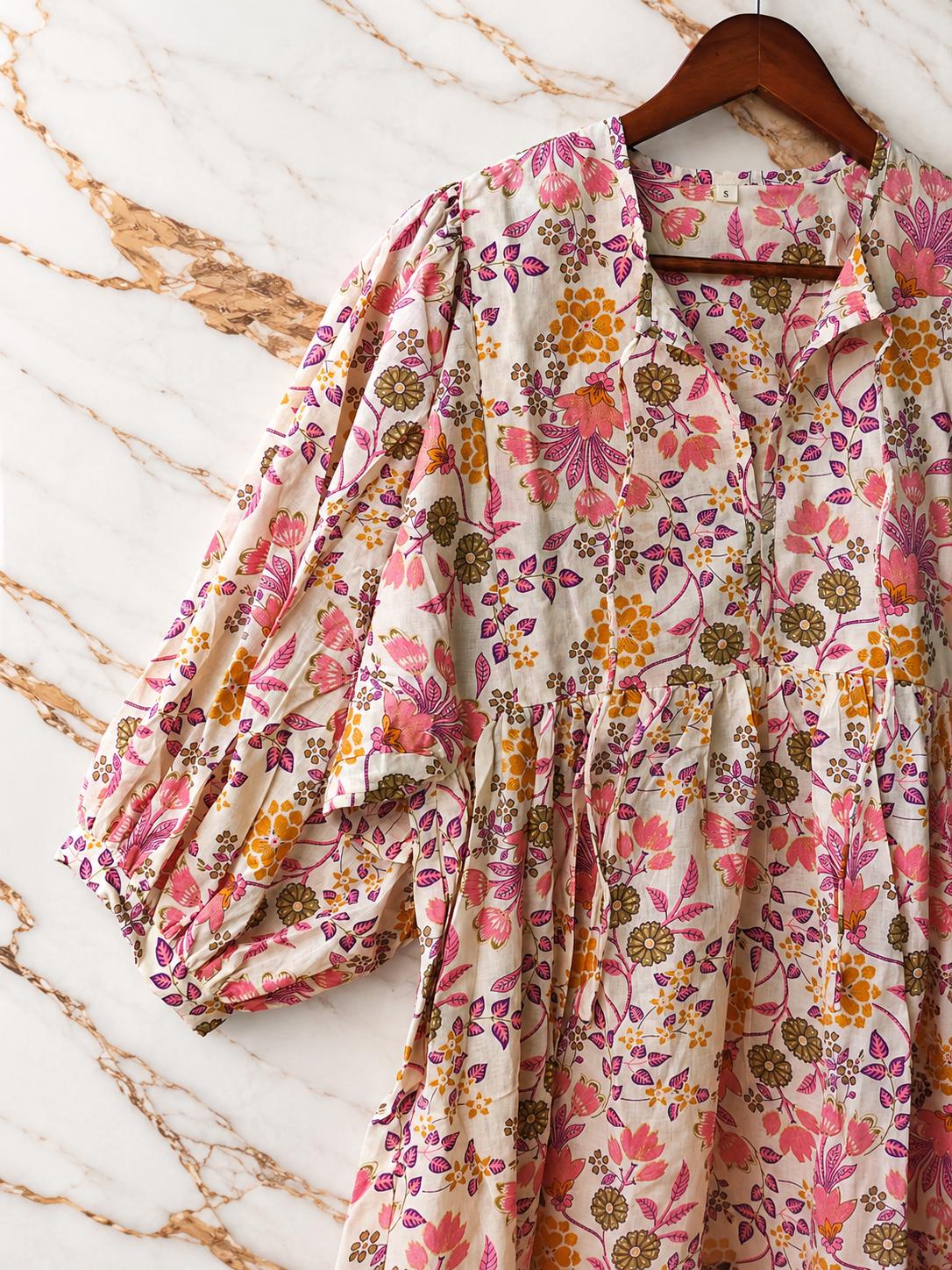 Pink Floral Cotton Midi Dress, Puff Sleeve Boho Summer Dress, Handmade Indian Print