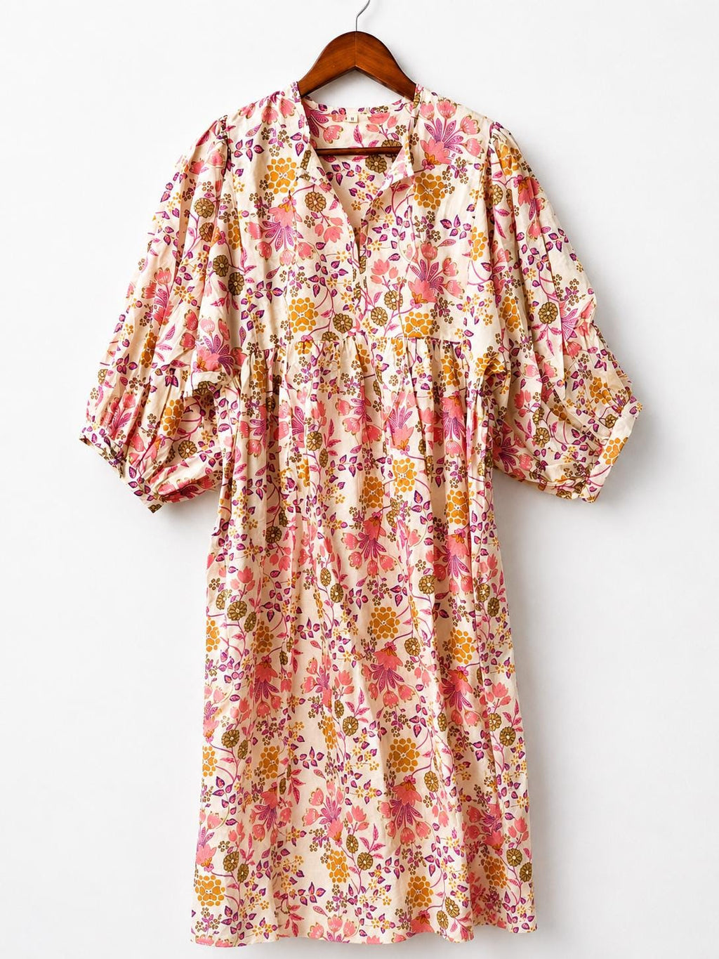 Pink Floral Cotton Midi Dress, Puff Sleeve Boho Summer Dress, Handmade Indian Print
