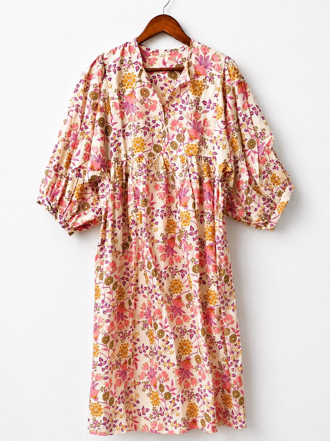 Pink Floral Cotton Midi Dress, Puff Sleeve Boho Summer Dress, Handmade Indian Print