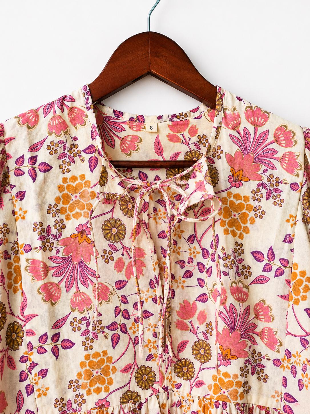 Pink Floral Cotton Midi Dress, Puff Sleeve Boho Summer Dress, Handmade Indian Print