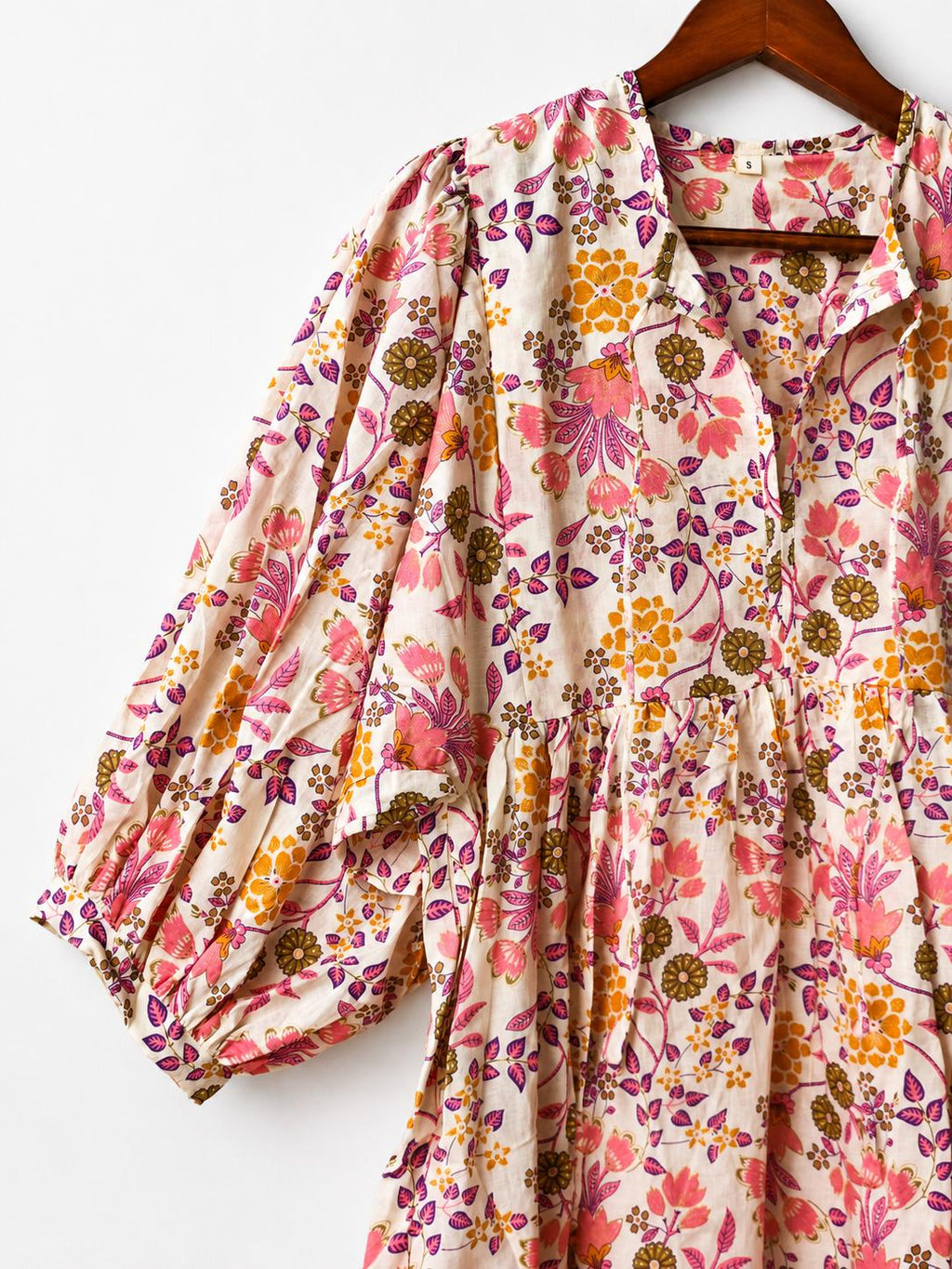 Pink Floral Cotton Midi Dress, Puff Sleeve Boho Summer Dress, Handmade Indian Print