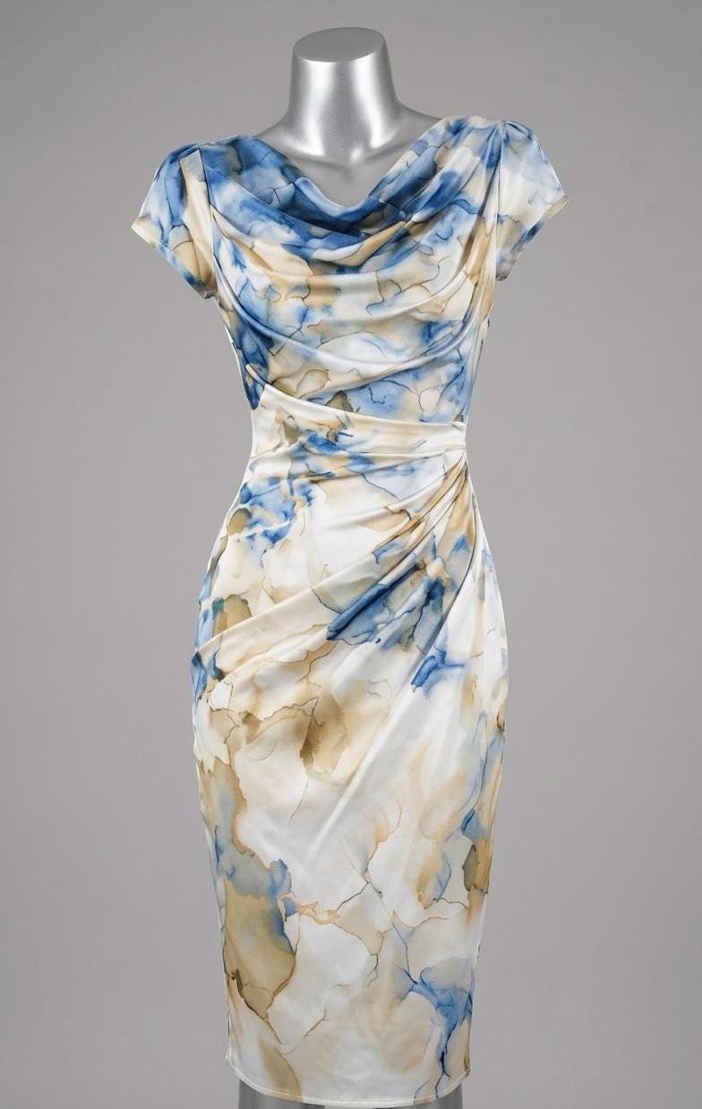 Elegant Watercolor Midi Dress | Cowl Neck Cocktail Dress | Ruched Sheath Dress | Wedding Guest Dresses