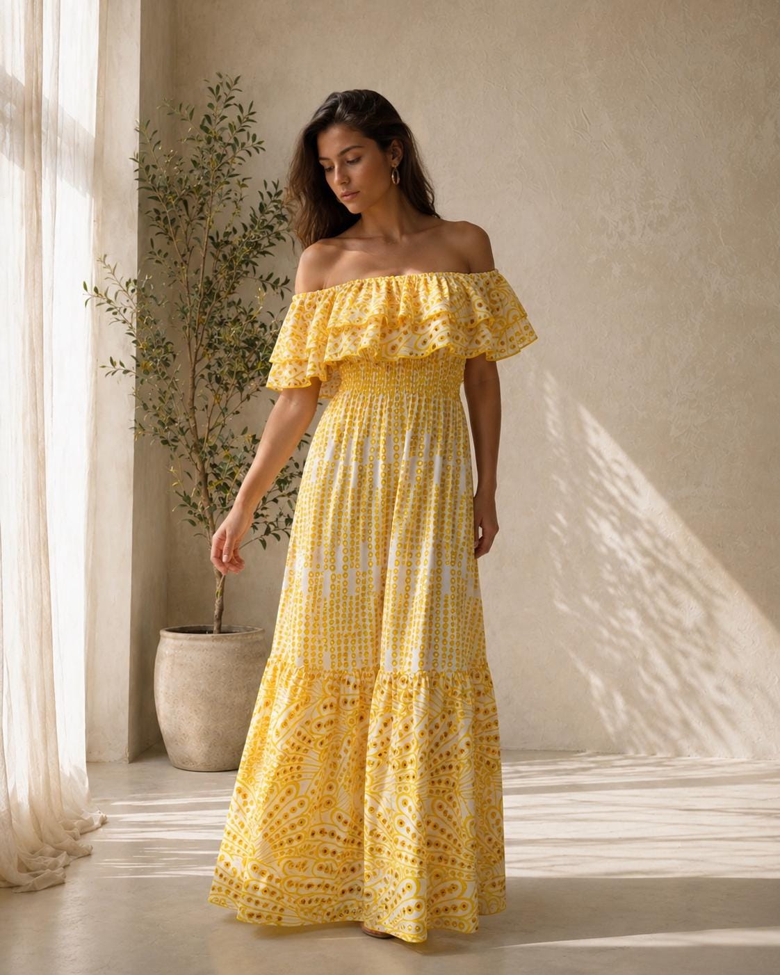 Boho Off Shoulder Maxi Dress Women, Eyelet Summer Beach Dress, Ruffle Vacation Sundress, White Yellow Dress
