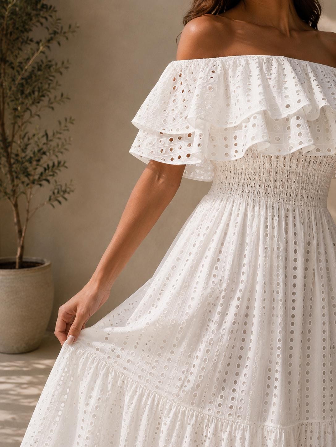 Boho Off Shoulder Maxi Dress Women, Eyelet Summer Beach Dress, Ruffle Vacation Sundress, White Yellow Dress
