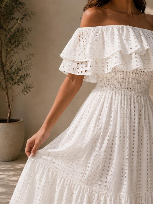 Boho Off Shoulder Maxi Dress Women, Eyelet Summer Beach Dress, Ruffle Vacation Sundress, White Yellow Dress
