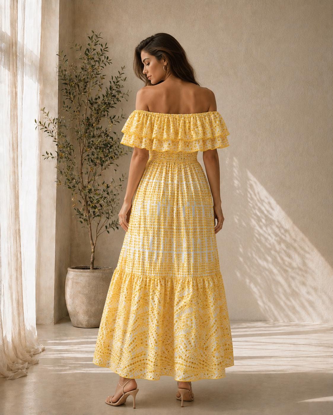 Boho Off Shoulder Maxi Dress Women, Eyelet Summer Beach Dress, Ruffle Vacation Sundress, White Yellow Dress