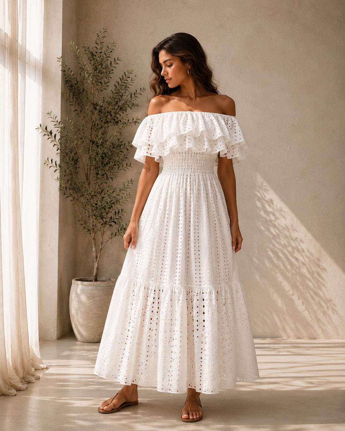 Boho Off Shoulder Maxi Dress Women, Eyelet Summer Beach Dress, Ruffle Vacation Sundress, White Yellow Dress