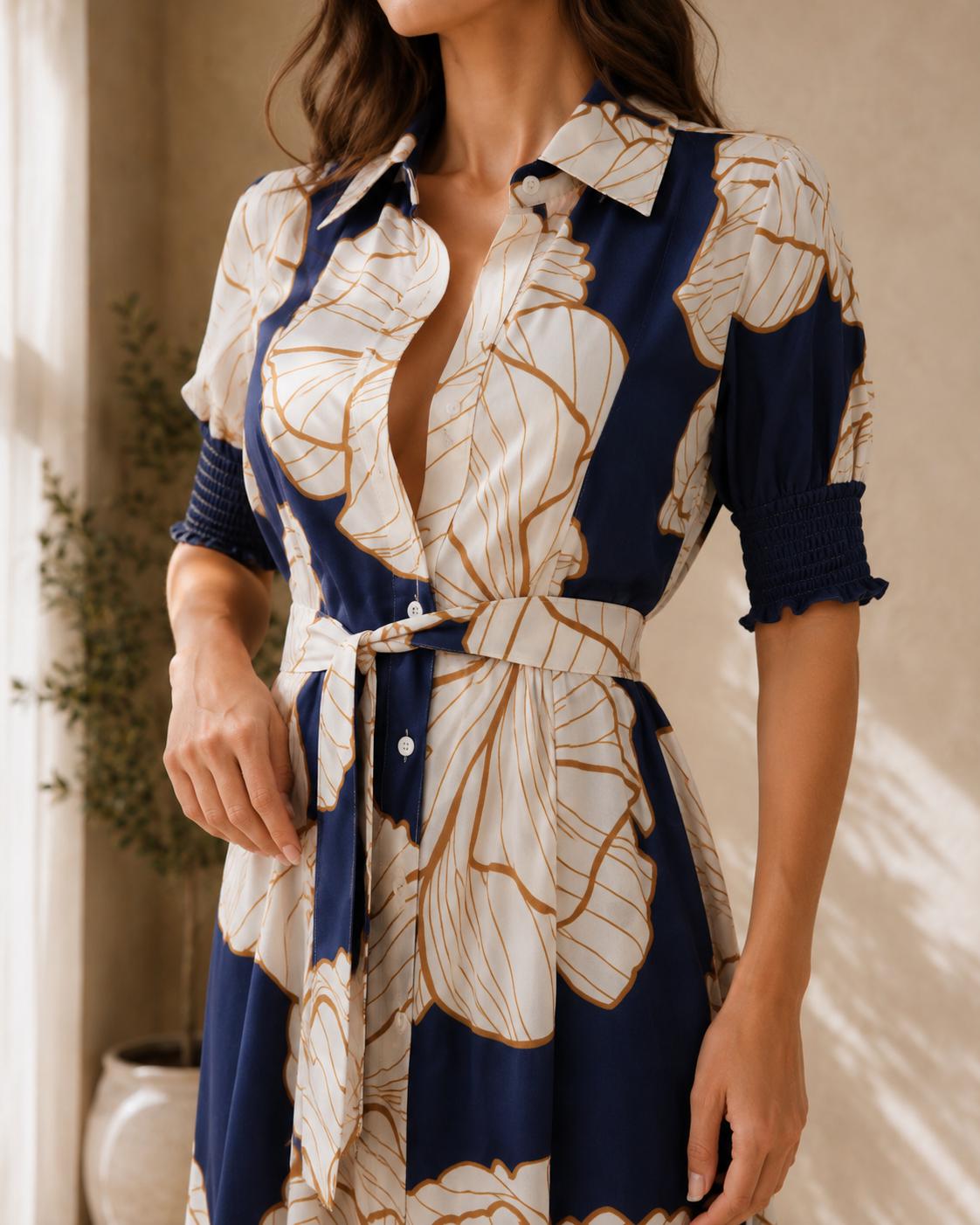 Blue Floral Midi Dress for Women, Button Up Summer Dress, Elegant Vacation Dress, Puff Sleeve Shirt Dress