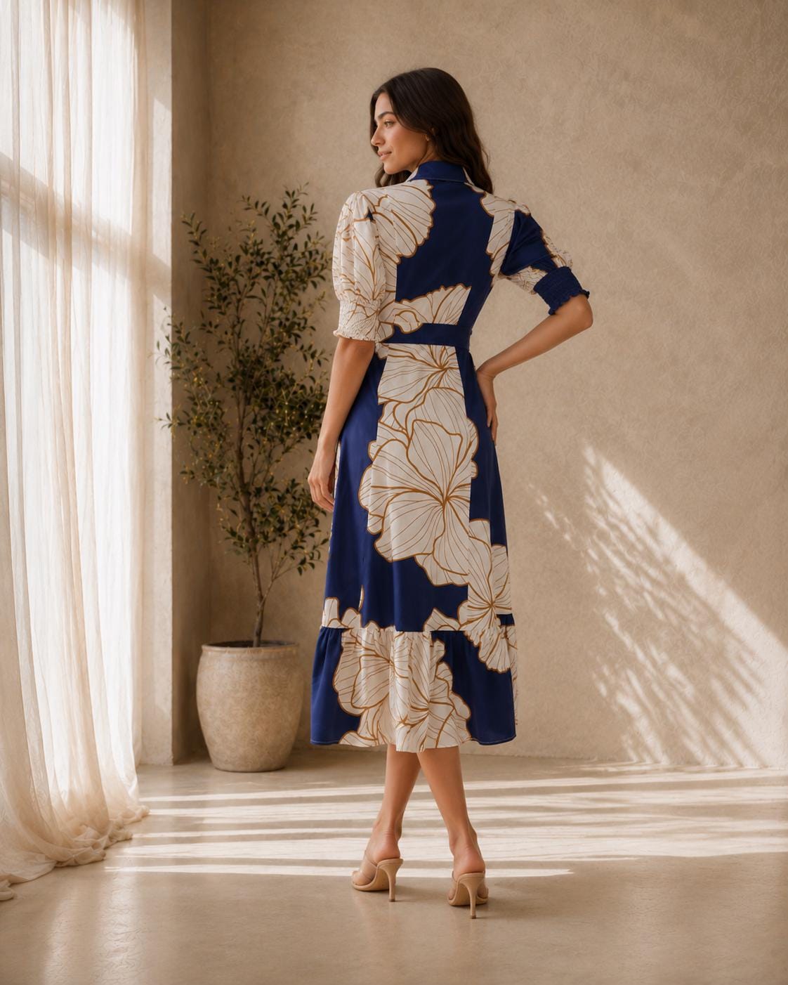 Blue Floral Midi Dress for Women, Button Up Summer Dress, Elegant Vacation Dress, Puff Sleeve Shirt Dress