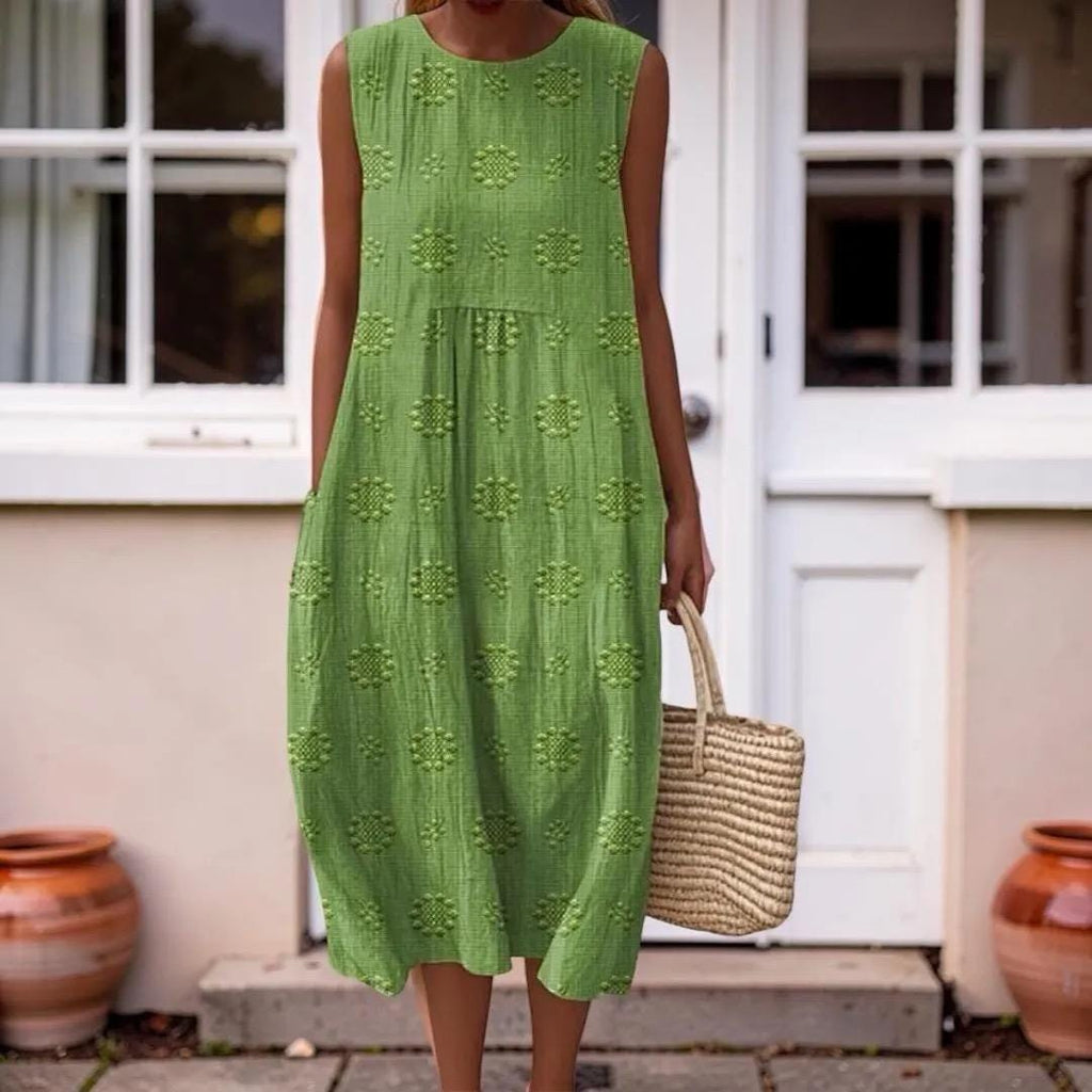 Floral Boho Plus Size Sleeveless Midi Dress, Women's Loose Fit Summer Dress