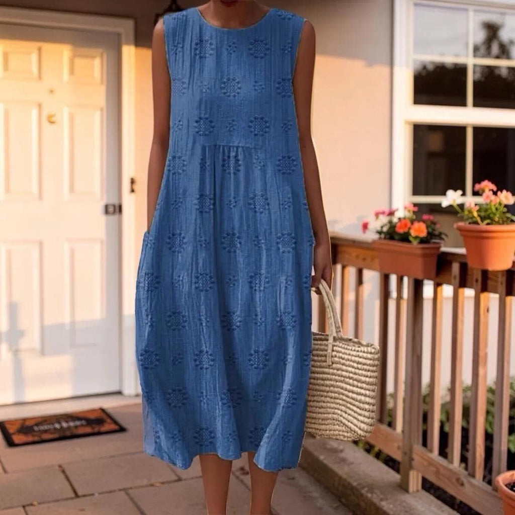 Floral Boho Plus Size Sleeveless Midi Dress, Women's Loose Fit Summer Dress
