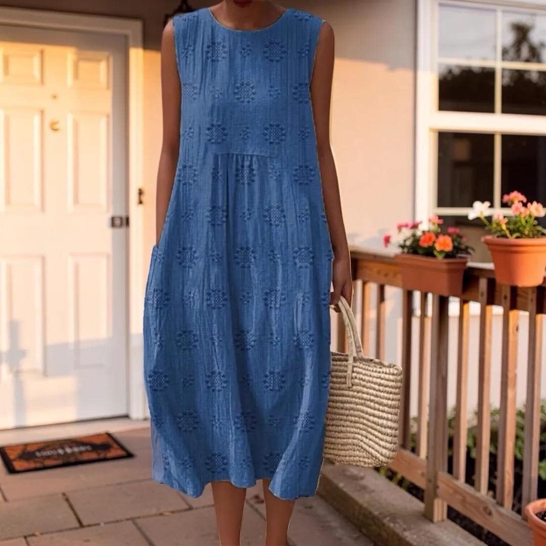 Floral Boho Plus Size Sleeveless Midi Dress, Women's Loose Fit Summer Dress