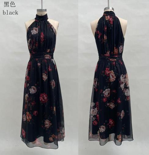 Women Floral Halter Maxi Dress Pleated Mesh Flowy Elegant Evening Outfit
