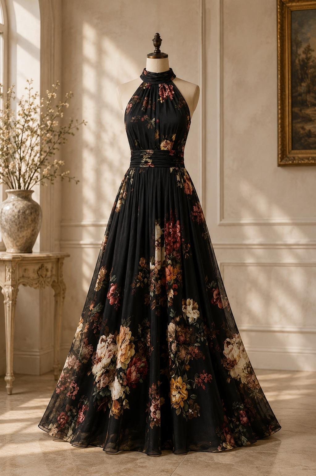 Women Floral Halter Maxi Dress Pleated Mesh Flowy Elegant Evening Outfit
