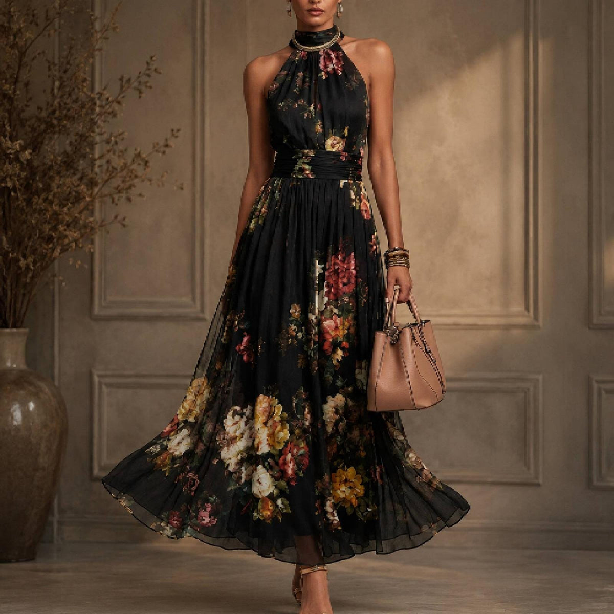 Women Floral Halter Maxi Dress Pleated Mesh Flowy Elegant Evening Outfit
