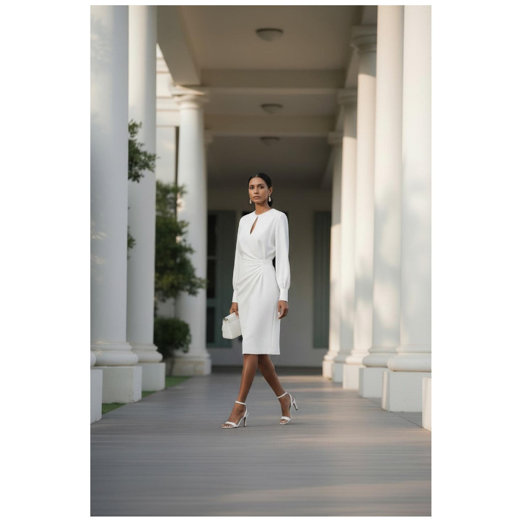 Elegant Floral Ruched Bodycon Midi Dress, Chic Wedding Guest Outfit