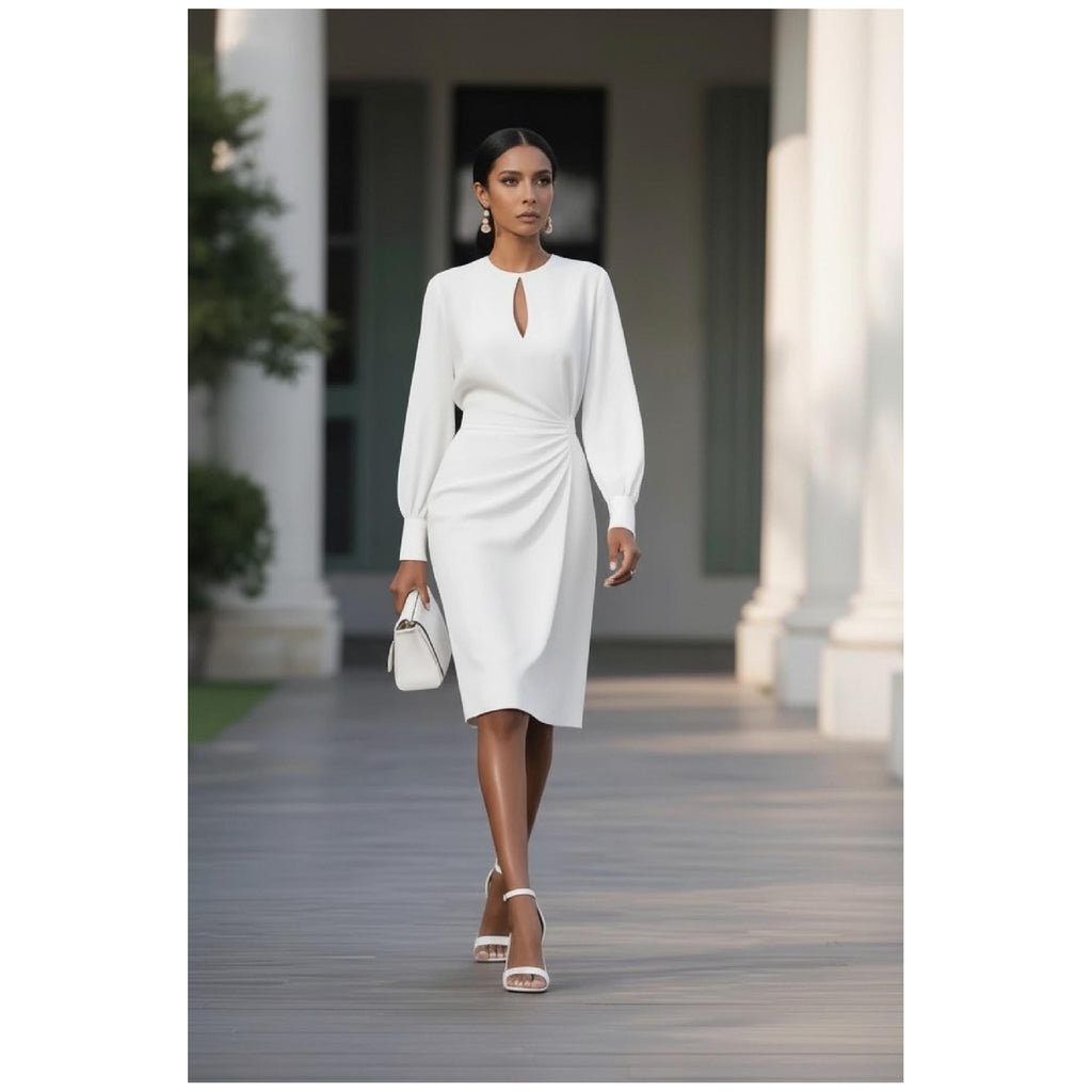 Elegant Floral Ruched Bodycon Midi Dress, Chic Wedding Guest Outfit