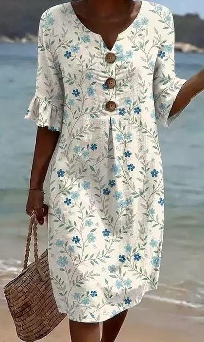 Boho Beach Midi Dress for Women, Embroidered Summer Vacation Outfit
