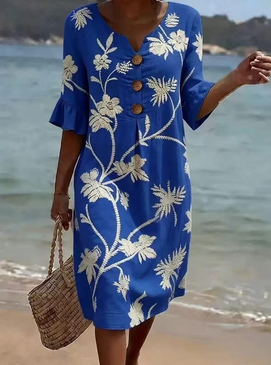 Boho Beach Midi Dress for Women, Embroidered Summer Vacation Outfit