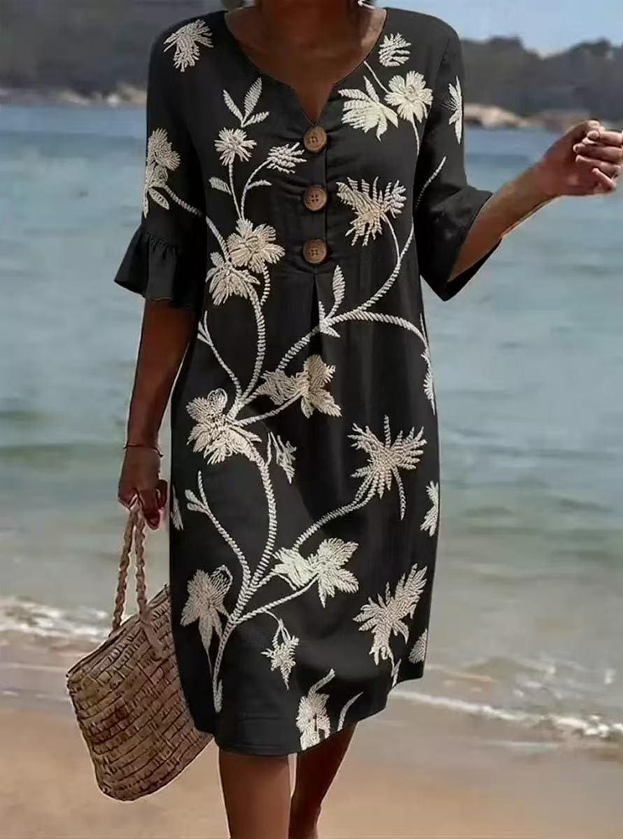 Boho Beach Midi Dress for Women, Embroidered Summer Vacation Outfit