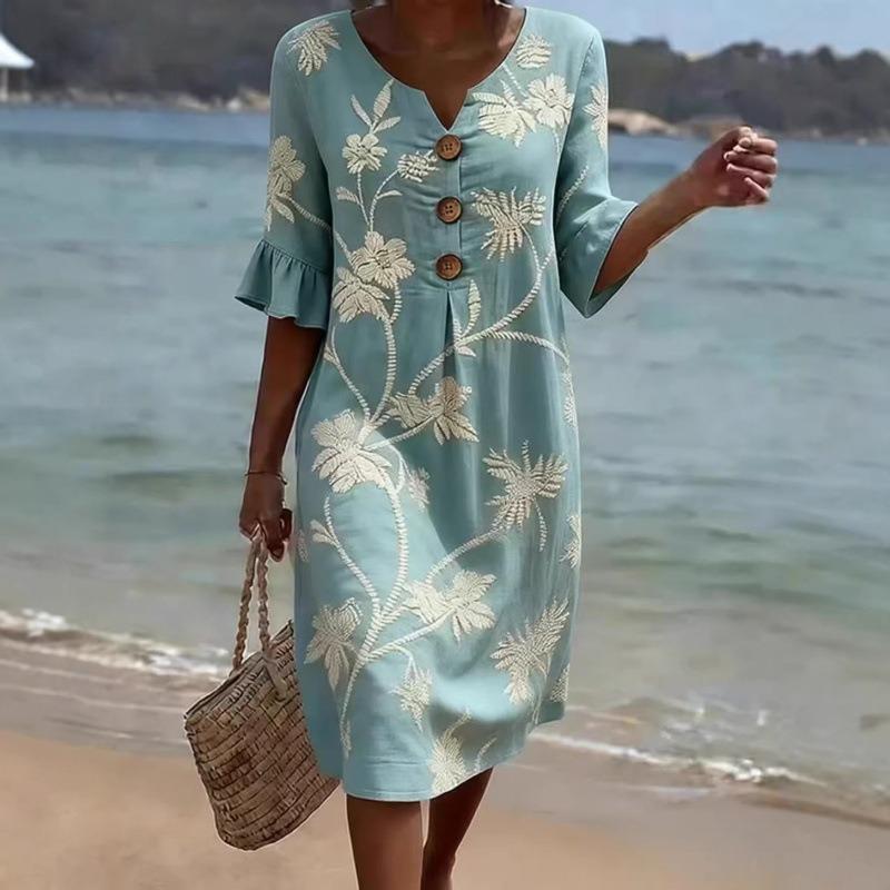 Boho Beach Midi Dress for Women, Embroidered Summer Vacation Outfit