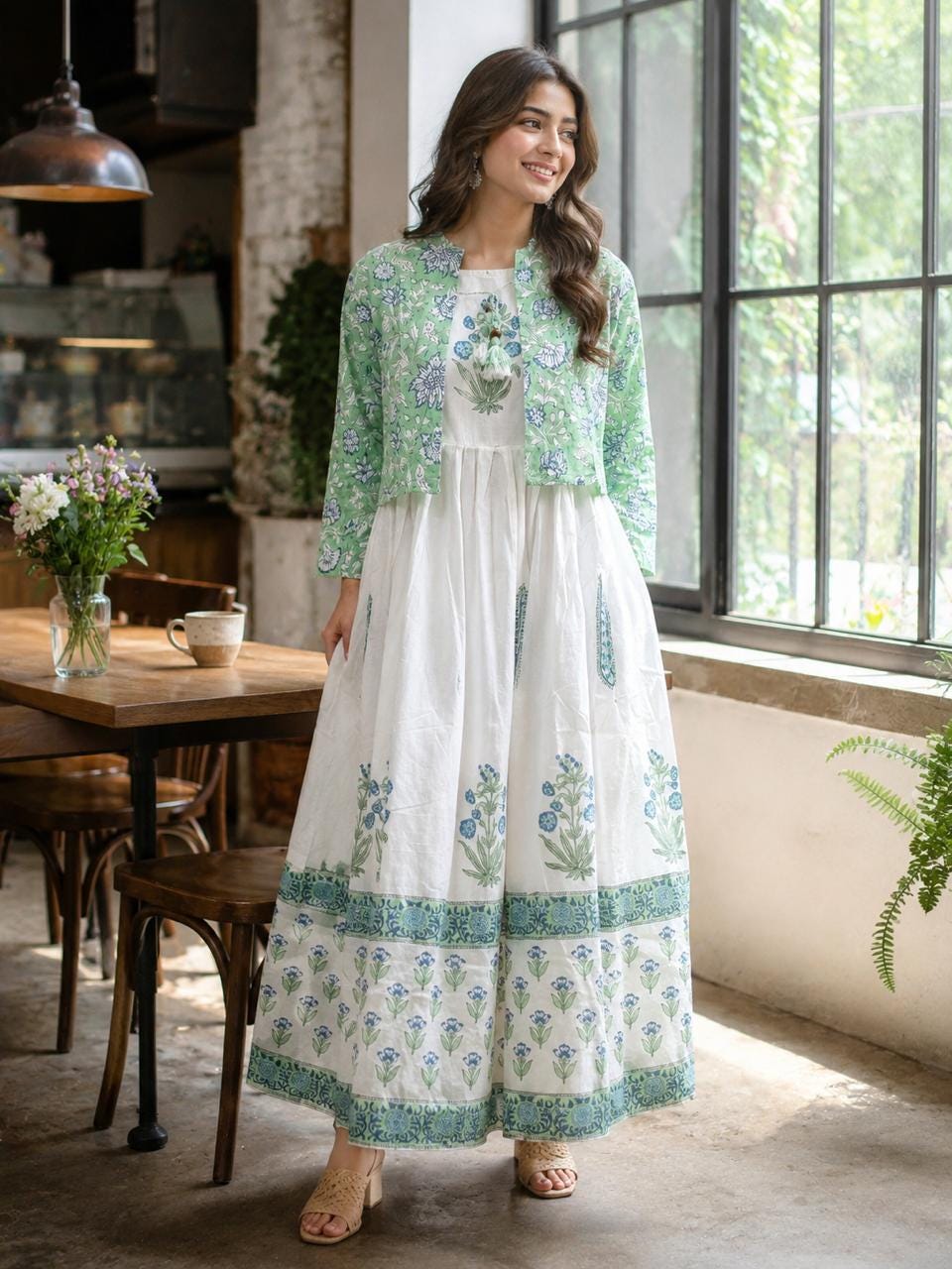 Hand Block Printed White Cotton Dress with Floral Koti Jacket | 2-Piece Boho Set