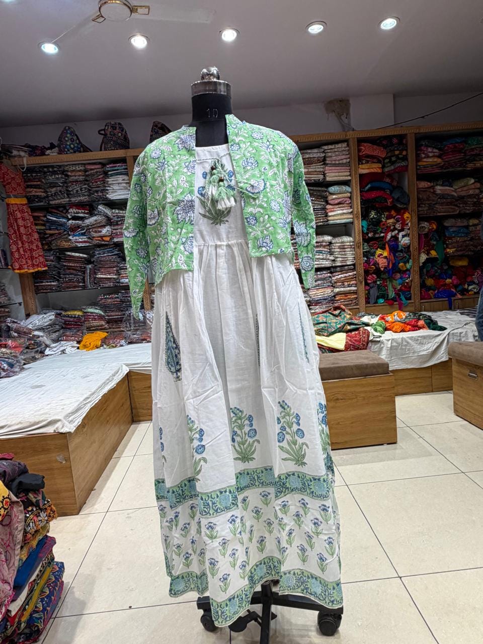 Hand Block Printed White Cotton Dress with Floral Koti Jacket | 2-Piece Boho Set