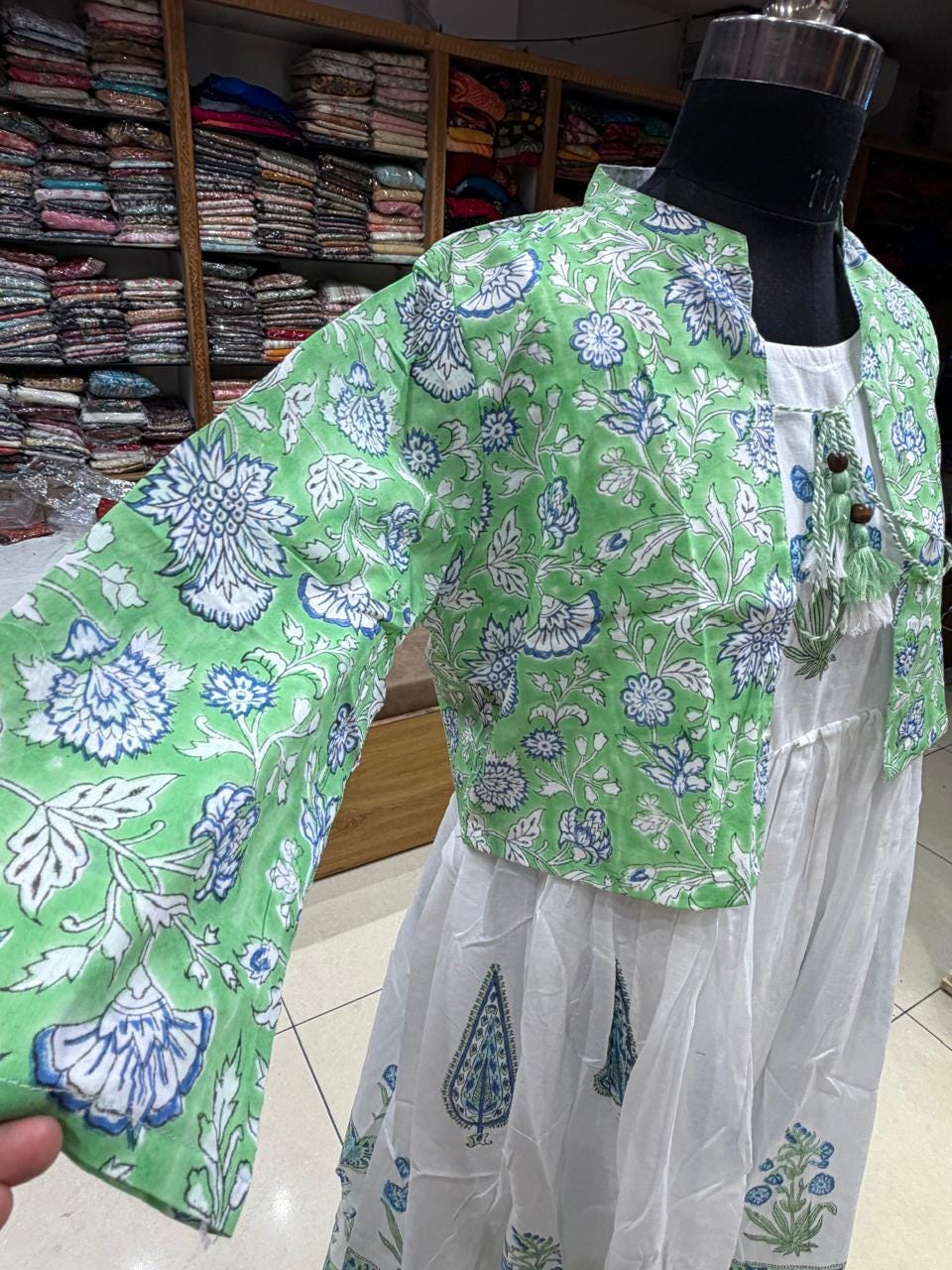 Hand Block Printed White Cotton Dress with Floral Koti Jacket | 2-Piece Boho Set