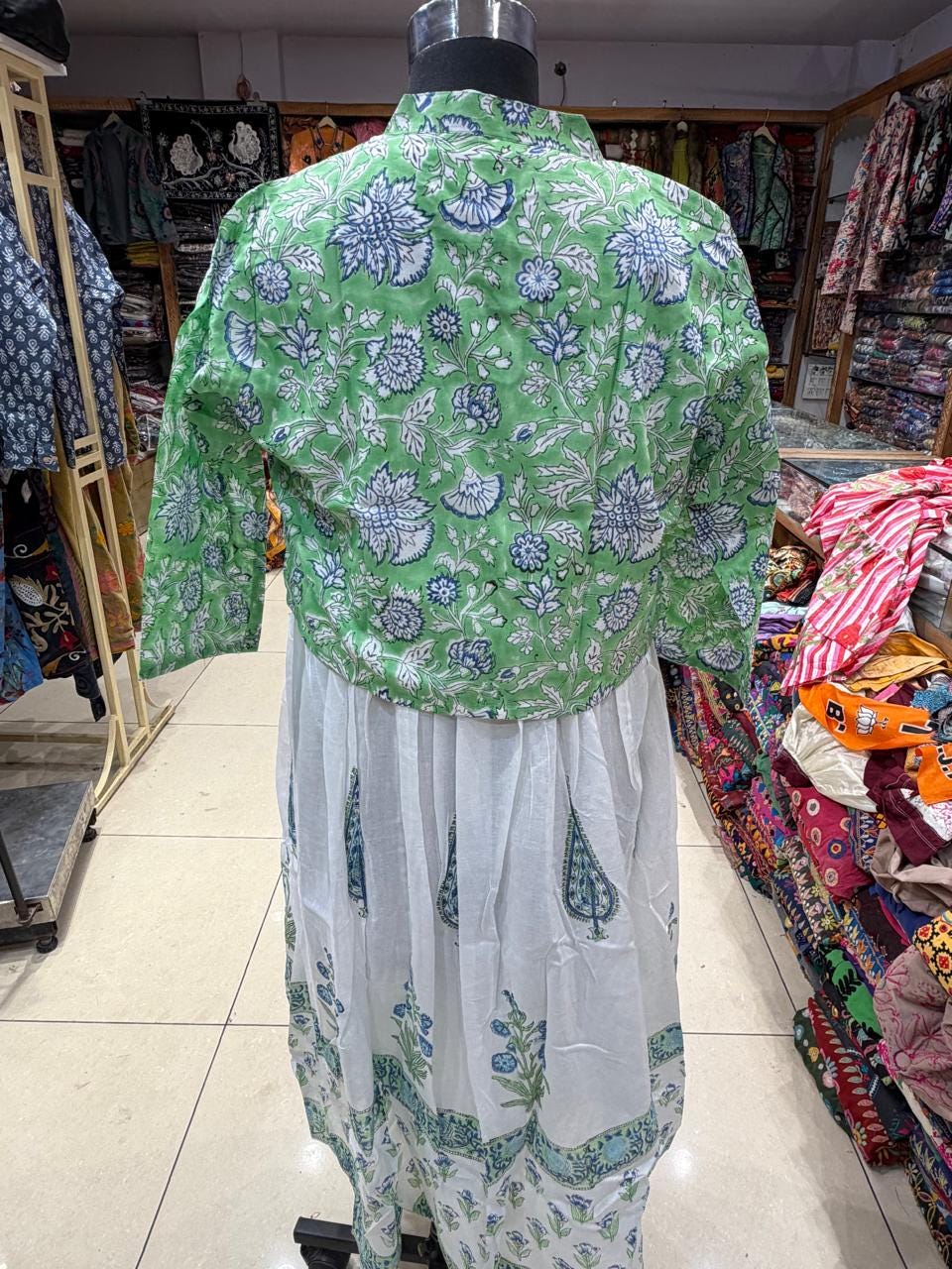 Hand Block Printed White Cotton Dress with Floral Koti Jacket | 2-Piece Boho Set
