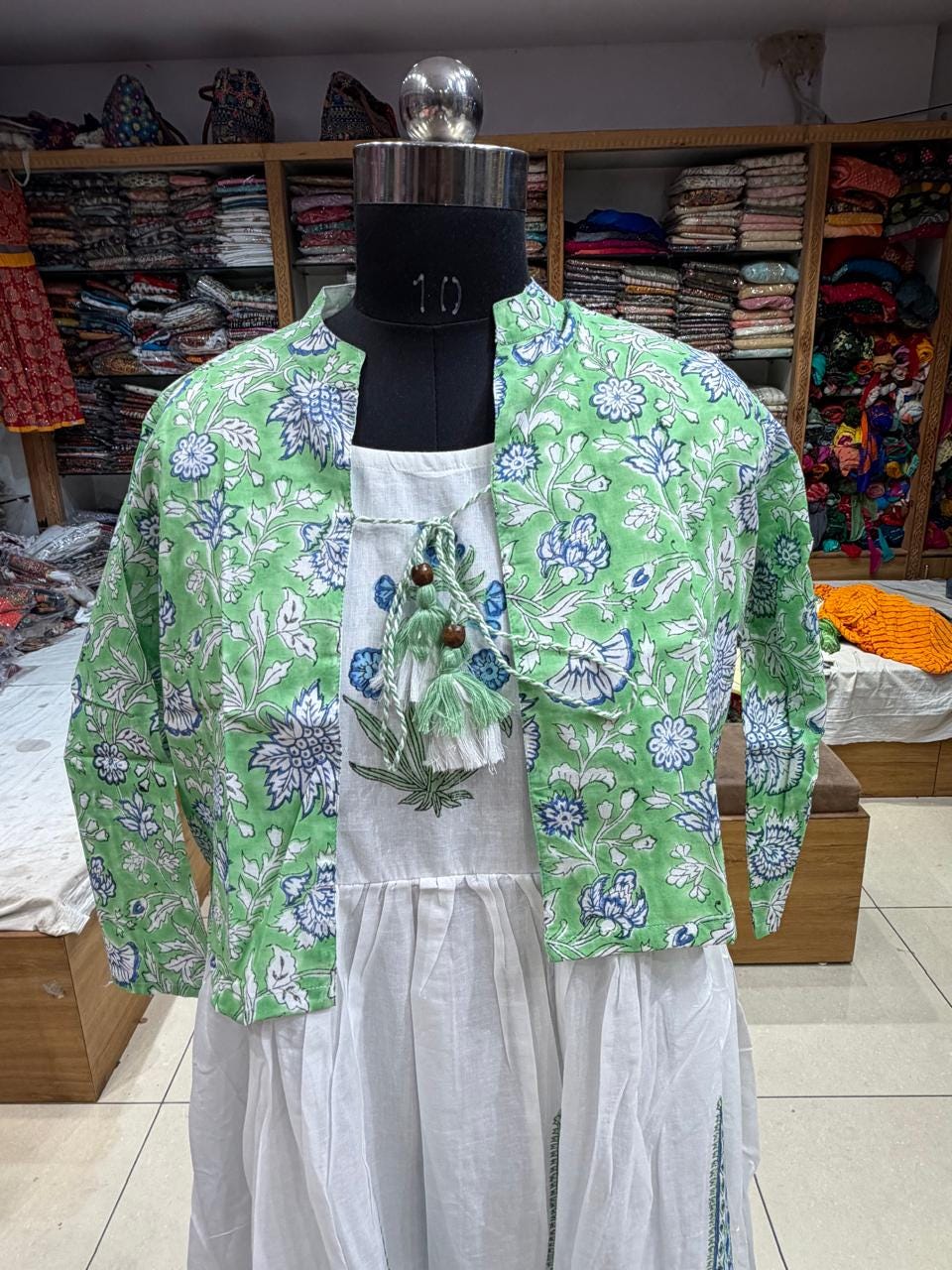 Hand Block Printed White Cotton Dress with Floral Koti Jacket | 2-Piece Boho Set