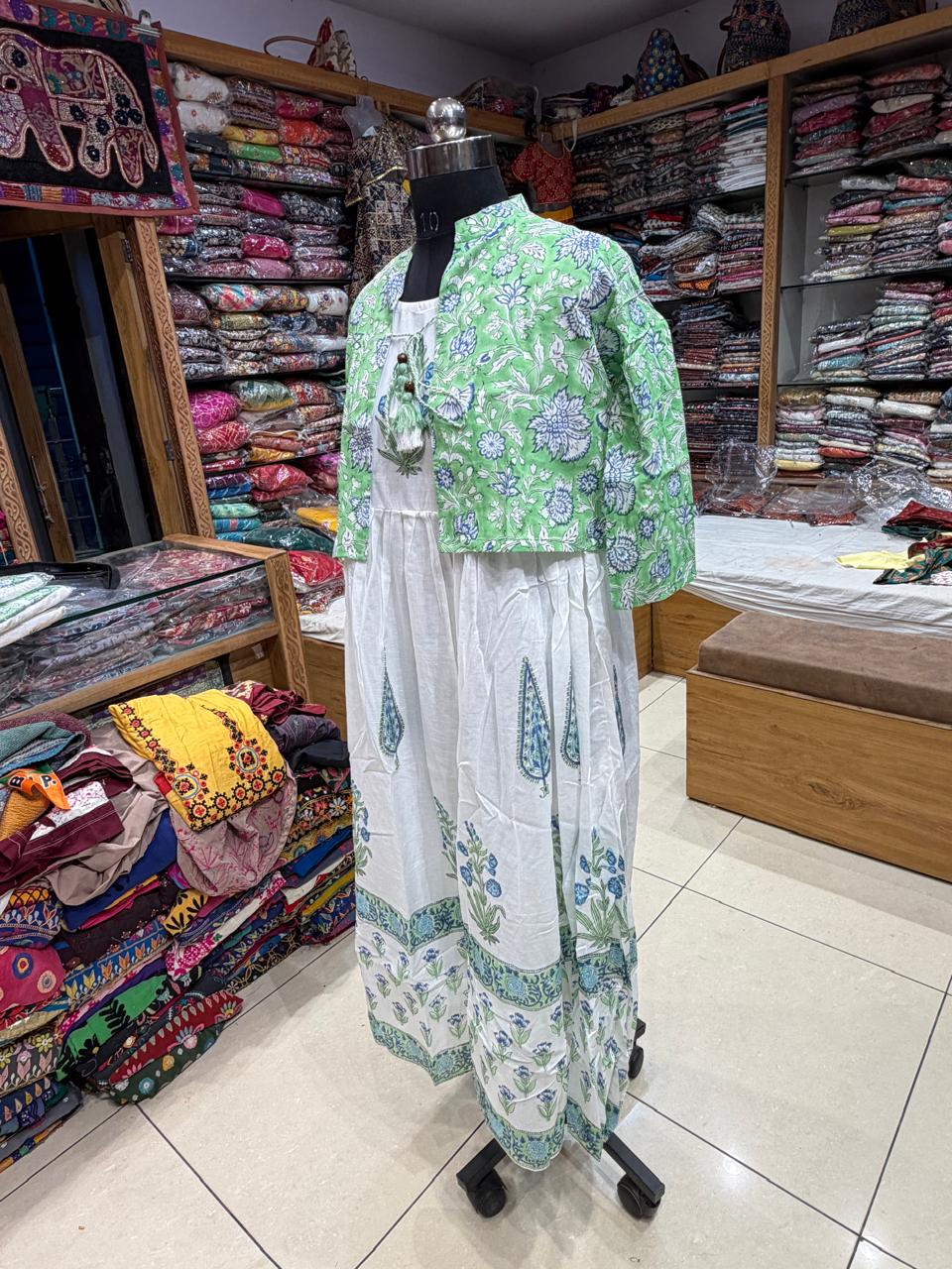 Hand Block Printed White Cotton Dress with Floral Koti Jacket | 2-Piece Boho Set
