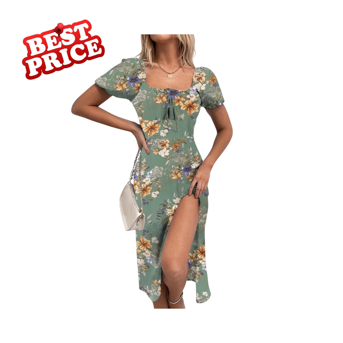 Boho Floral Summer Dress Women Puff Sleeve Square Neck Casual Ruched Split Thigh Outfit