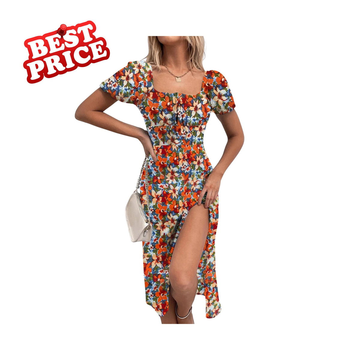 Boho Floral Summer Dress Women Puff Sleeve Square Neck Casual Ruched Split Thigh Outfit