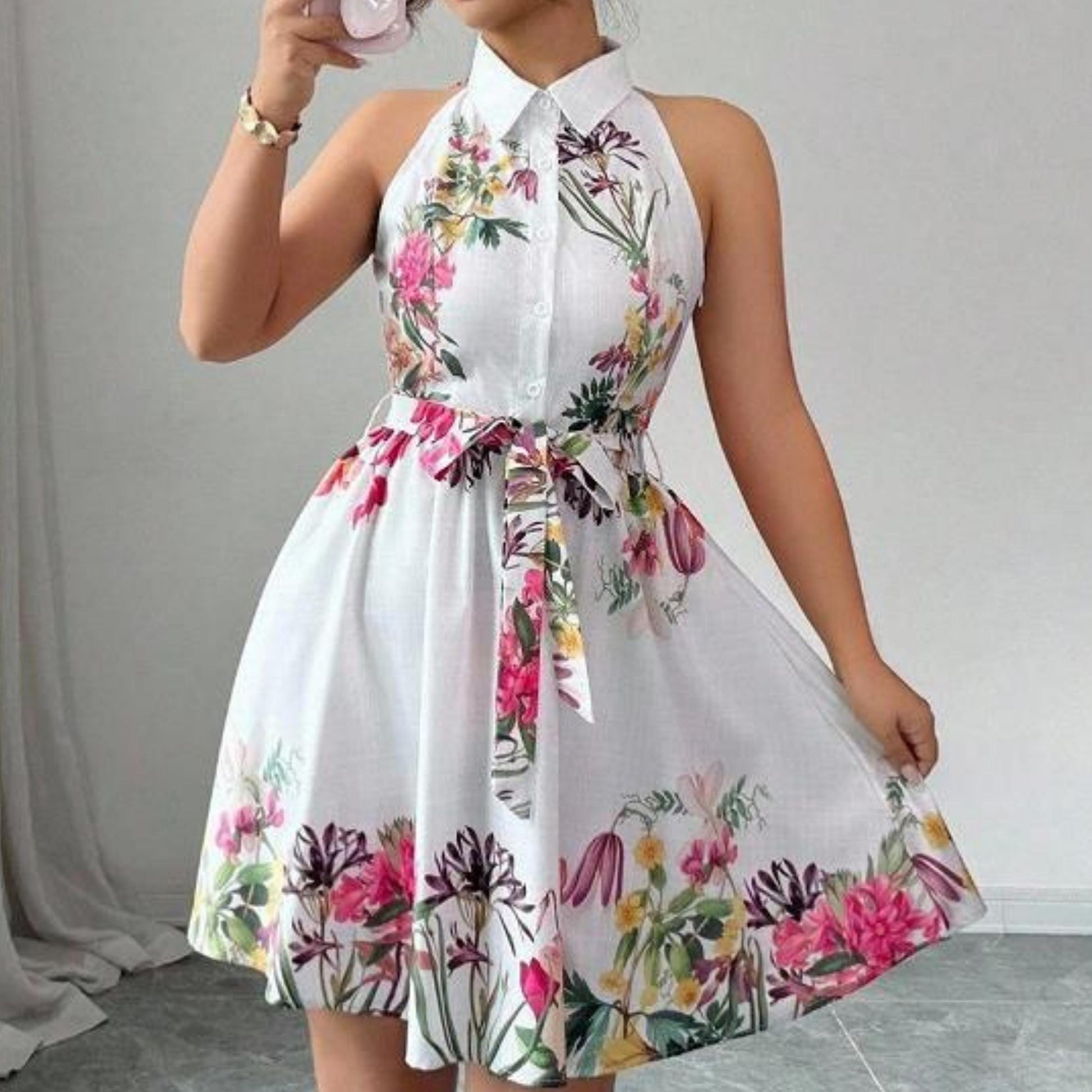 Floral Mini Dress | Sleeveless Halter Waist Tie | Party Wear | Chic Summer Style