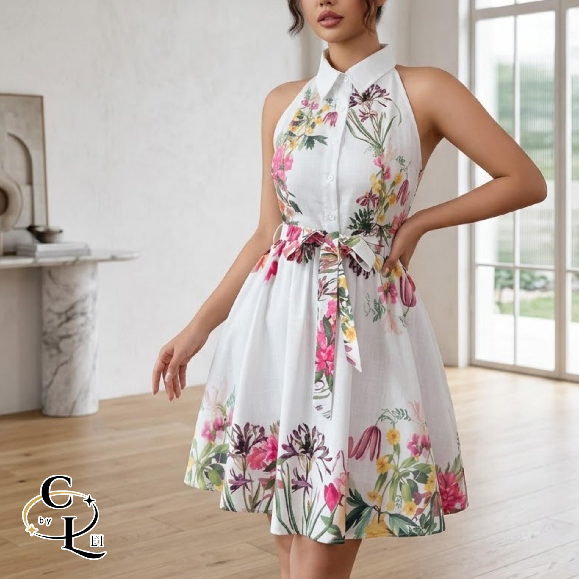 Floral Mini Dress | Sleeveless Halter Waist Tie | Party Wear | Chic Summer Style
