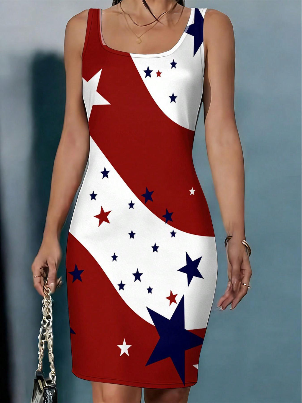Red White Blue Stars Bodycon Midi Dress, Sleeveless Summer Print