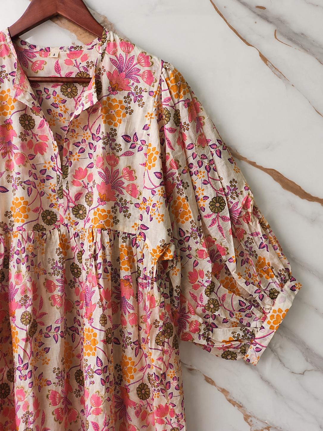 Pink Floral Cotton Midi Dress, Puff Sleeve Boho Summer Dress, Handmade Indian Print