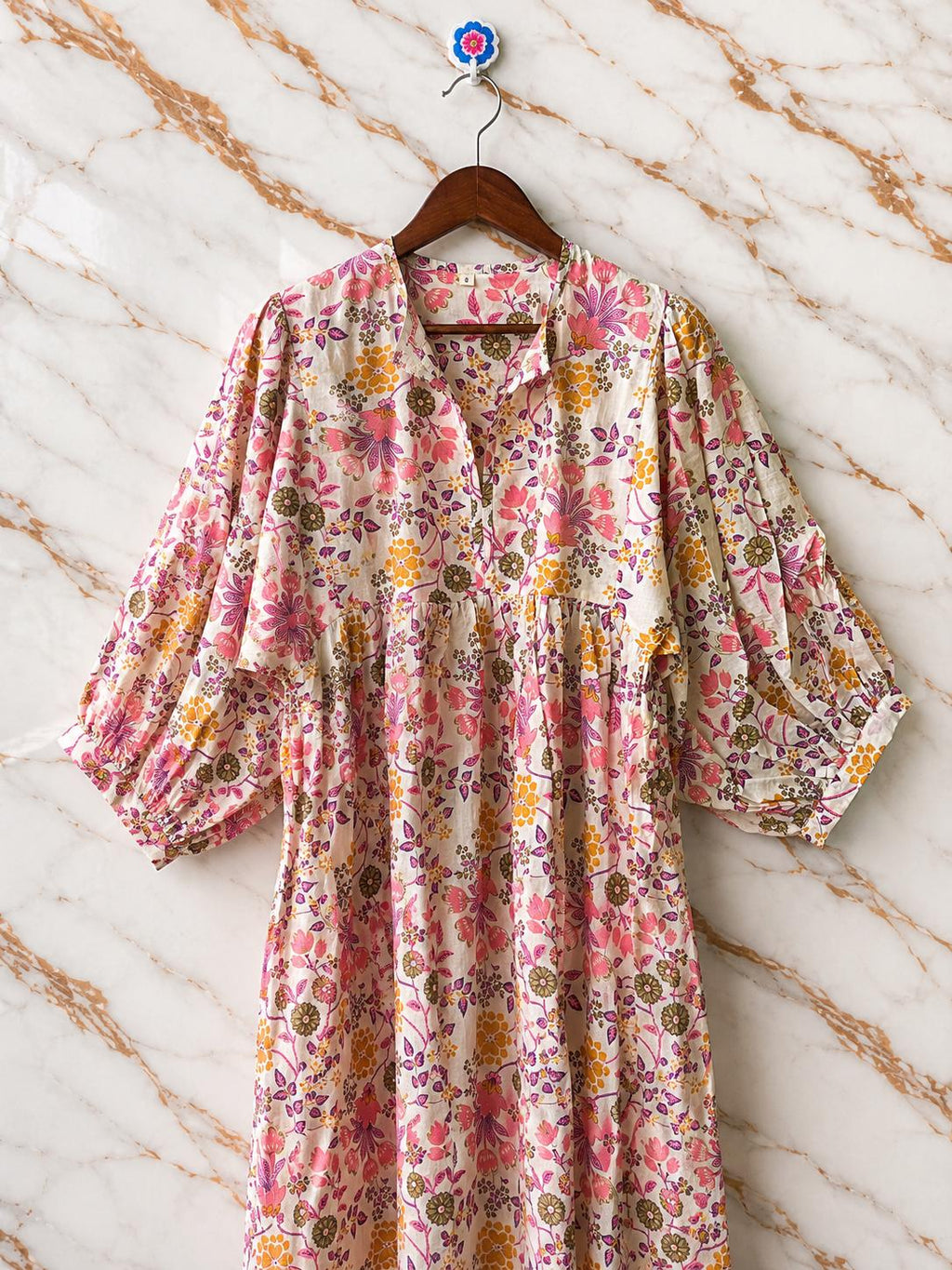 Pink Floral Cotton Midi Dress, Puff Sleeve Boho Summer Dress, Handmade Indian Print