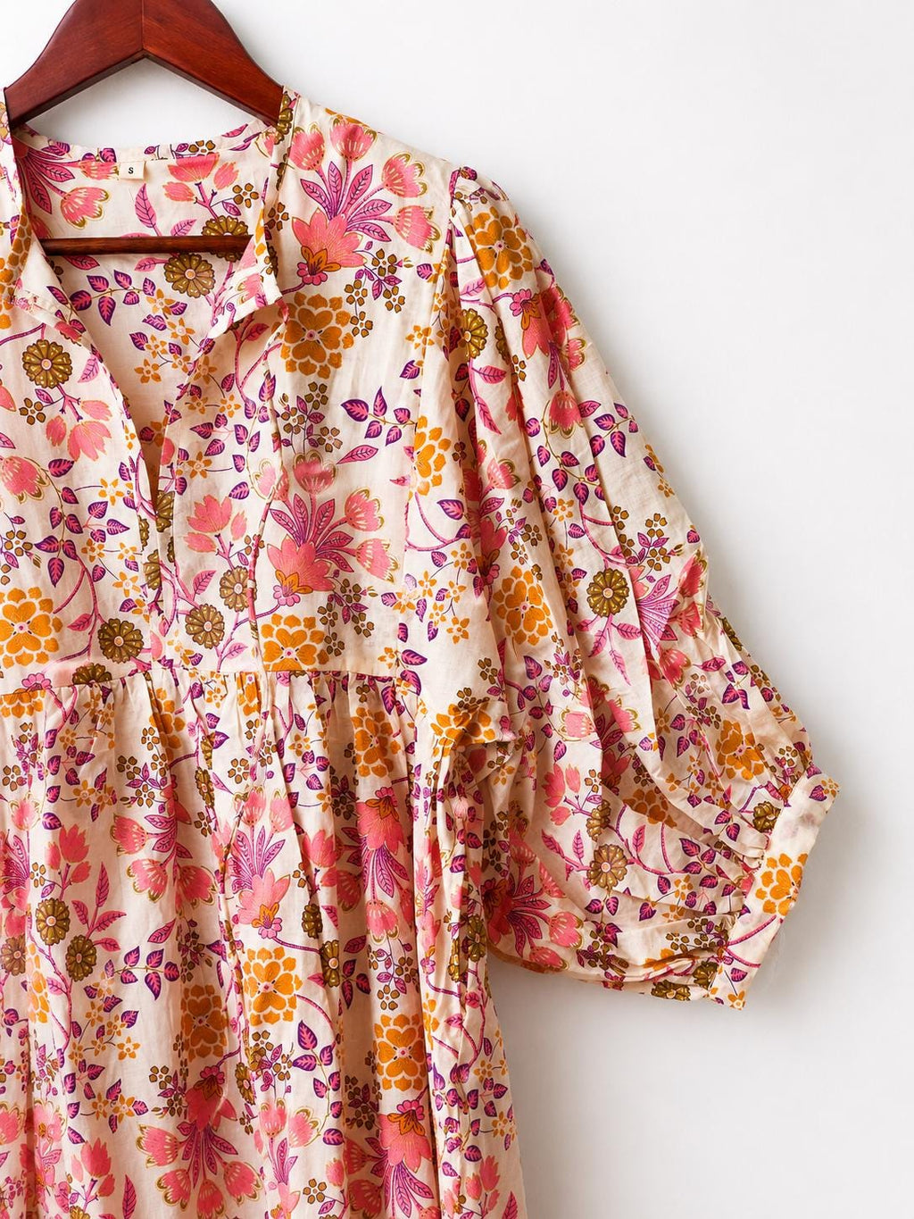 Pink Floral Cotton Midi Dress, Puff Sleeve Boho Summer Dress, Handmade Indian Print