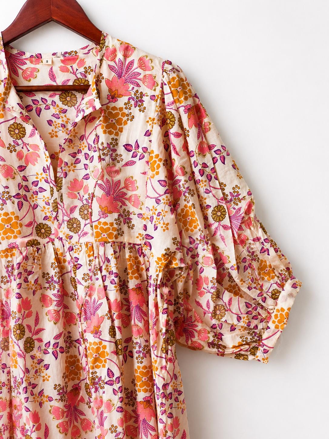 Pink Floral Cotton Midi Dress, Puff Sleeve Boho Summer Dress, Handmade Indian Print
