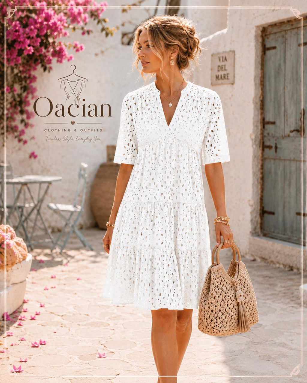 Boho Eyelet Mini Dress | V-Neck Ruffle Short Sleeve Cotton Blend Summer Vacation