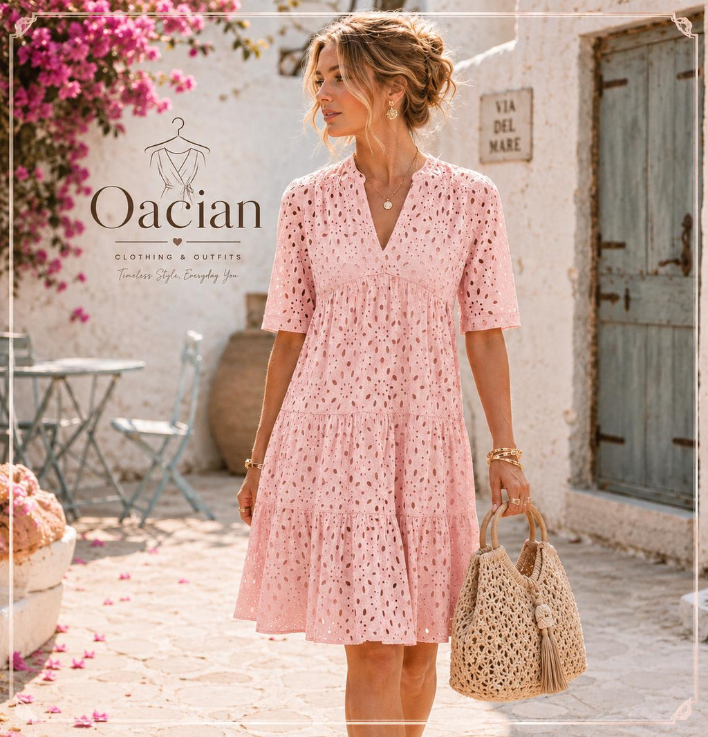 Boho Eyelet Mini Dress | V-Neck Ruffle Short Sleeve Cotton Blend Summer Vacation