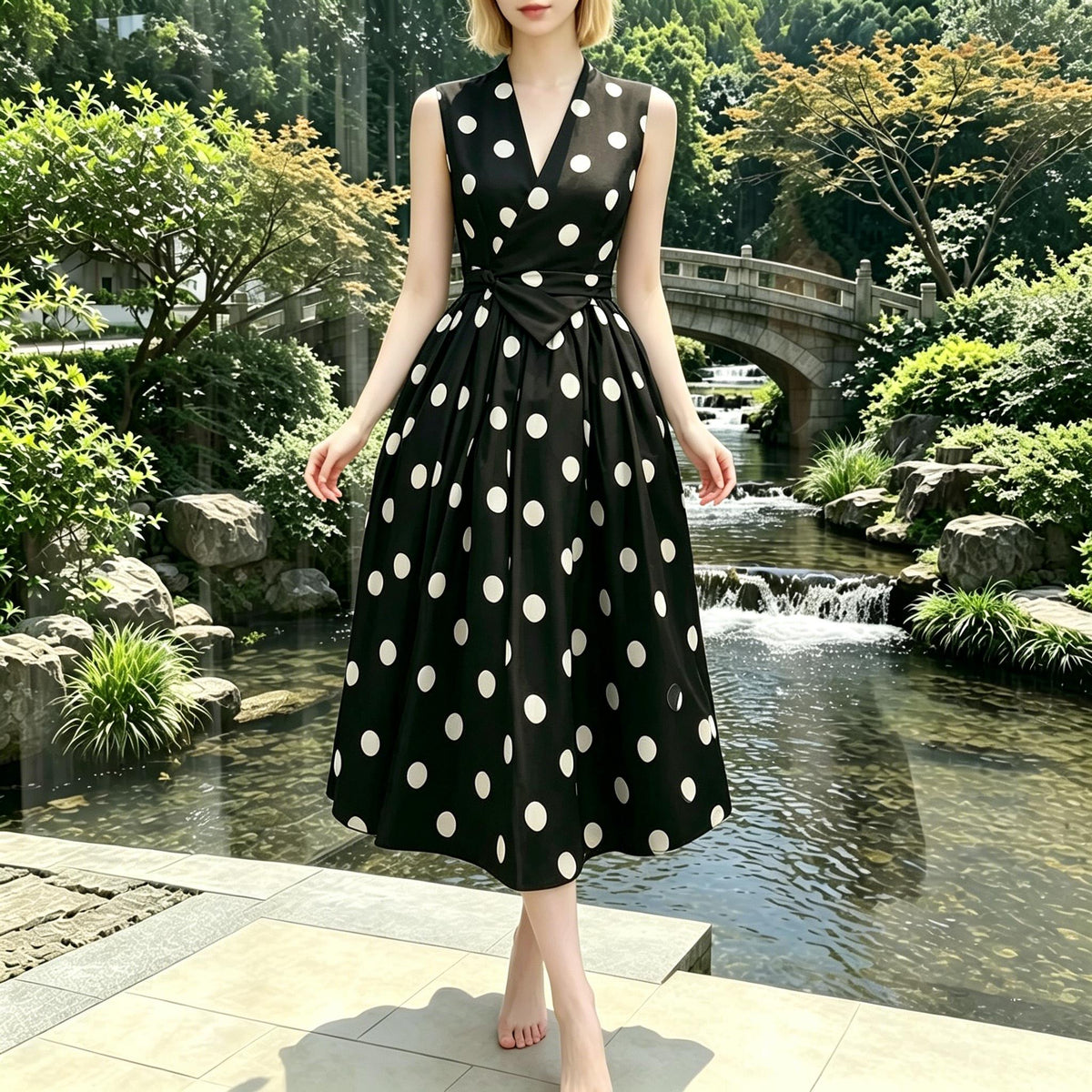 French Style Polka Dot Dress - 1950s Vintage Retro Summer Midi Dress,Elegant Sleeveless Wrap-Dress,V Neck Sleeveless Belted Swing Midi Dress