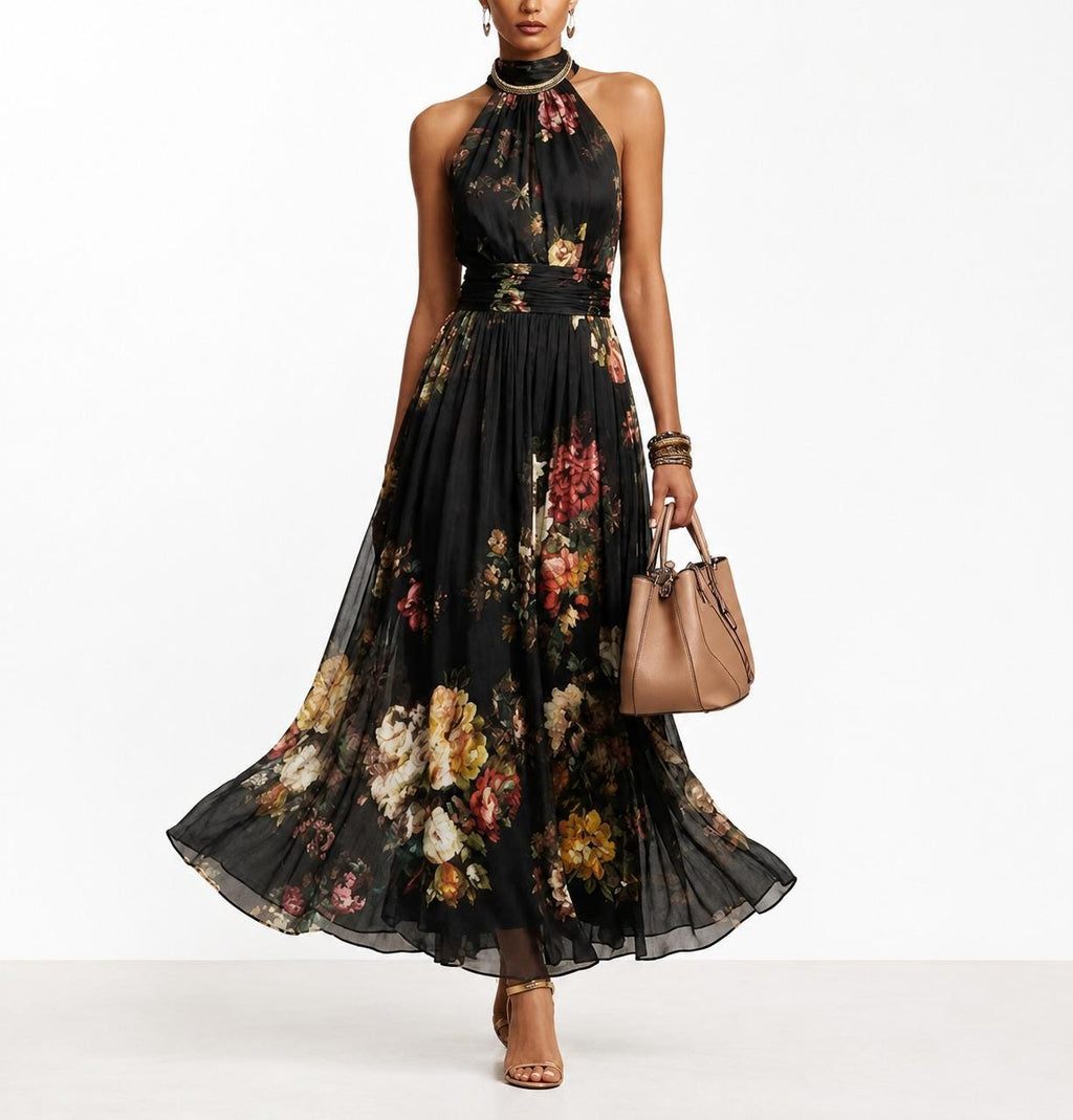 Women Floral Halter Maxi Dress Pleated Mesh Flowy Elegant Evening Outfit