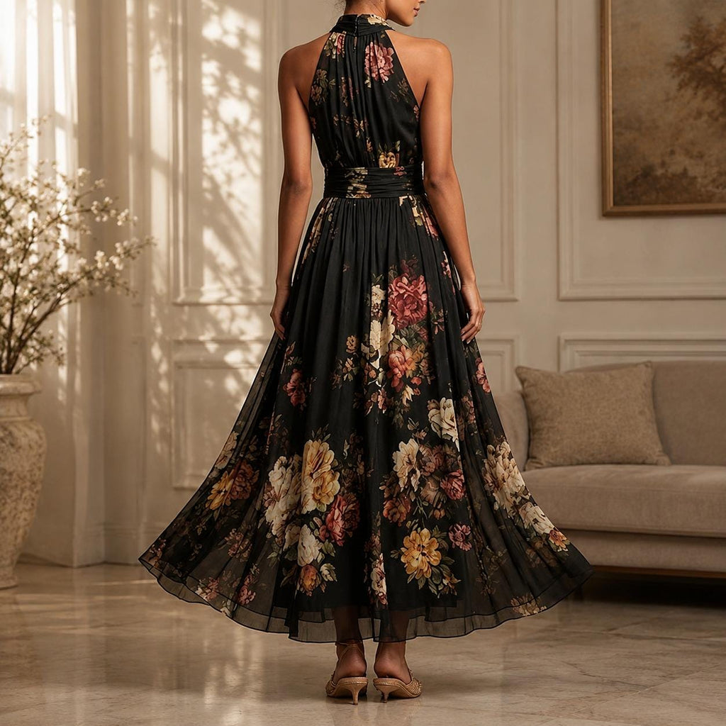 Women Floral Halter Maxi Dress Pleated Mesh Flowy Elegant Evening Outfit