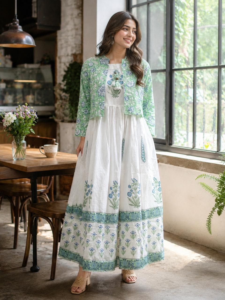 Hand Block Printed White Cotton Dress with Floral Koti Jacket | 2-Piece Boho Set